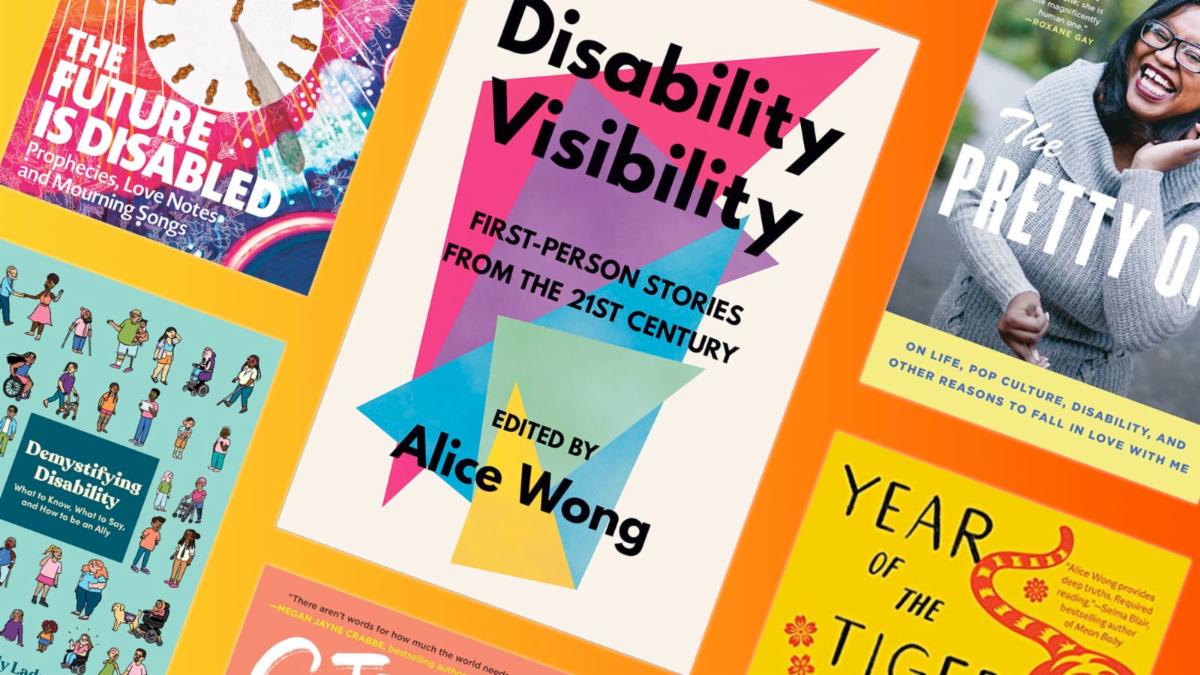 Flat lay of various disability-related book covers against an orange to yellow gradient background.