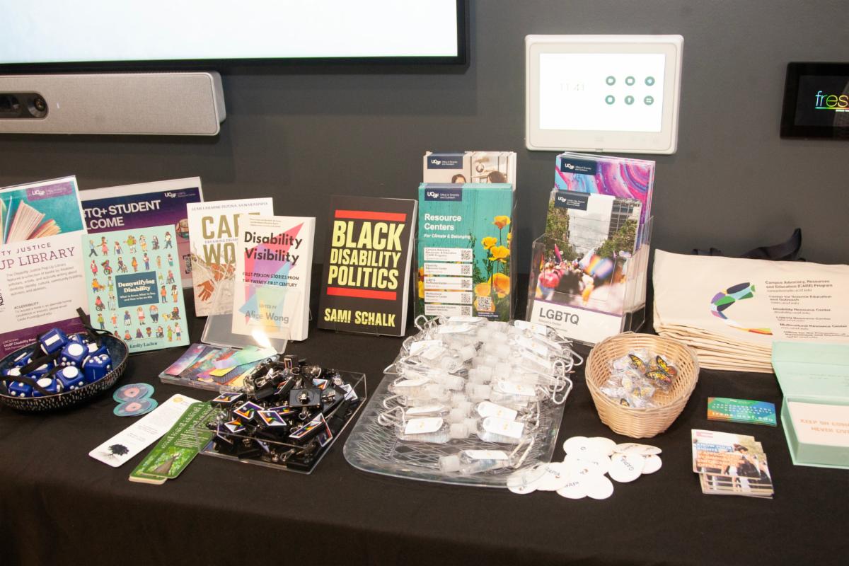 Several books, flyers, and goodies (including tote bags, hand sanitizer, and stickers) celebrating disability and diversity laid out on a table.
