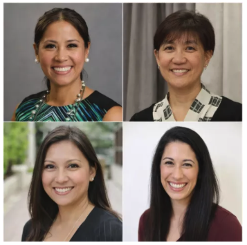 Square photo compilation of four headshot phots. All are smiling. 