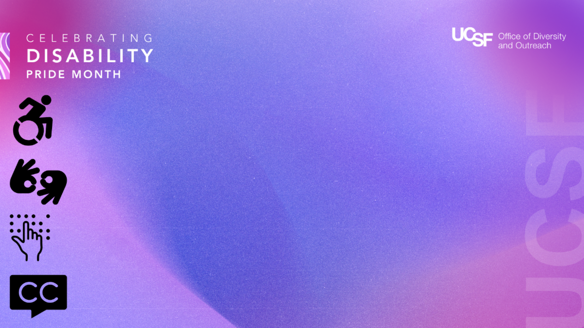 Purple and magenta gradient Zoom background featuring black-colored disability-related symbols on the lefthand side