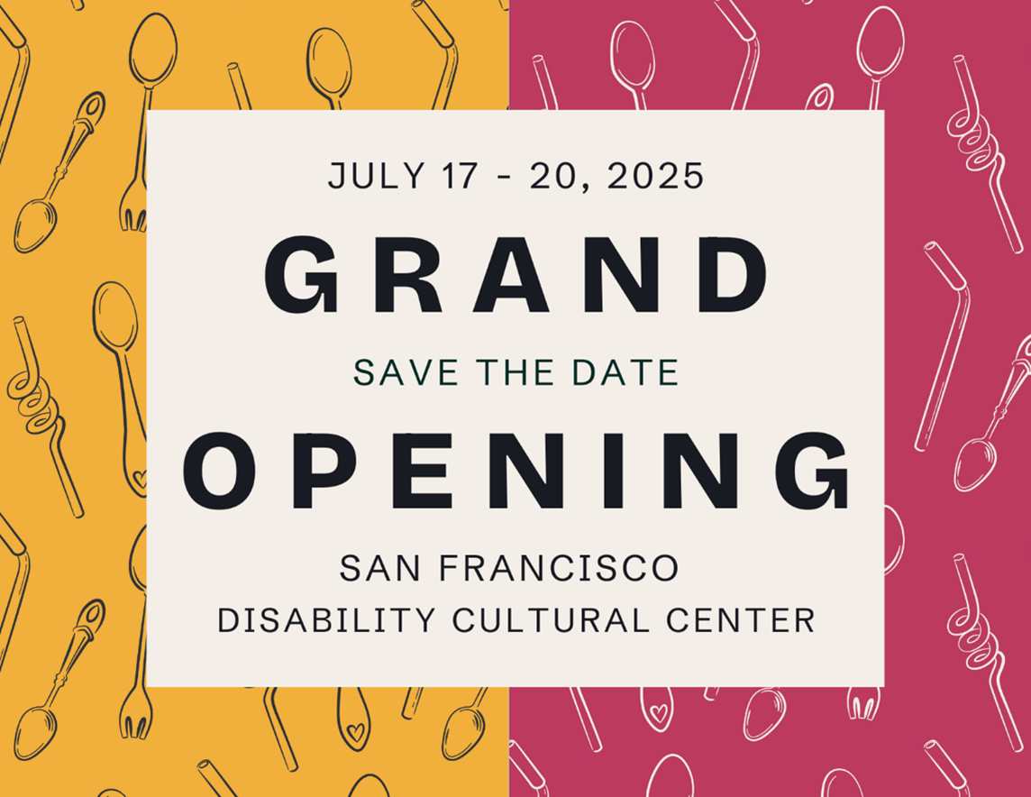 On a half gold, half magenta background are whimsical spoons and straws. In the center is a box with information on the DCC's grand opening. Details below.