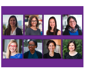 Photo compilation of eight headshots with one row of four on top row and one row of four on bottom. All are smiling and background is purple. 