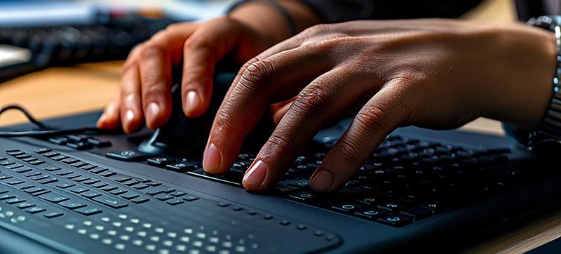 Close-up photo of hands on a keyboard that includes braille. 