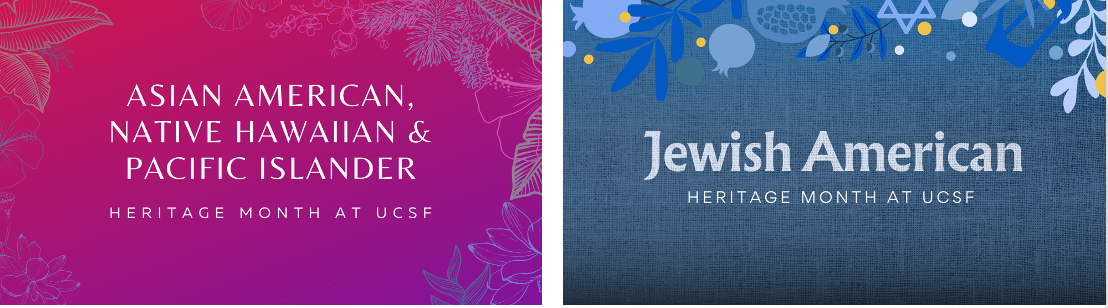 Pink colored graphic with white text for AANHPI heritage month and a blue graphic with white text for Jewish American heritage month