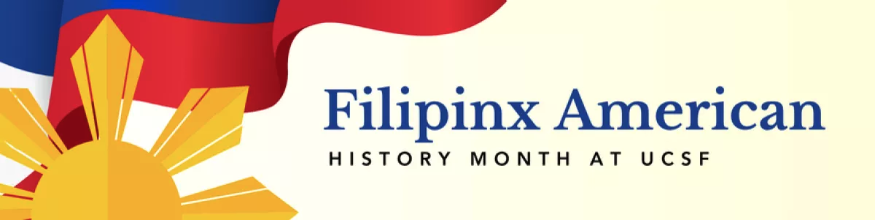 Graphic illustration with pale yellow background, gold decoration and red and blue banners with words Filipinx American History Month