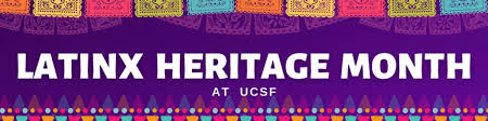 Graphic illustration of purple banner with Latinx Heritage Month in white lettering and decoration of papel picador or punched paper in blue and yellow and orange at top