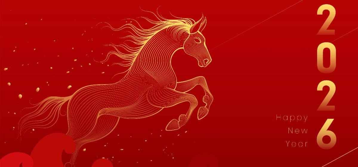 Graphic illustration of line-drawn golden horse leaping on left with 2026 and Lunar New Year on right on red background.