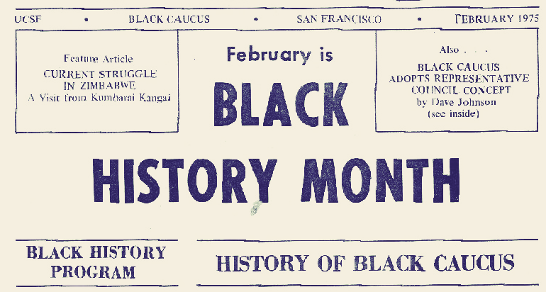 photo of headline of Black Bulletin from February 1975. Sub headlines include History of Black Caucus and Black History Program with main headline of February is Black History month