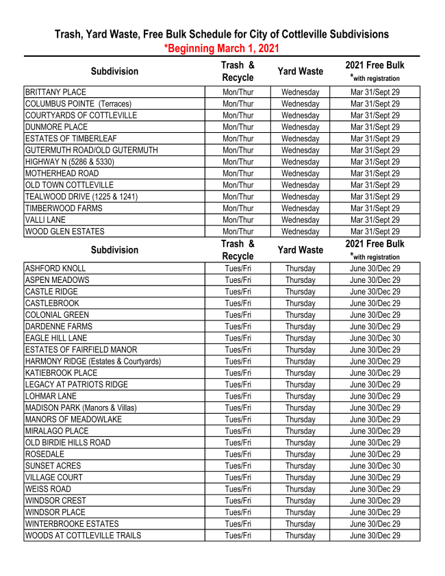 New Cottleville Solid Waste Collection Schedule Begins March 1st!