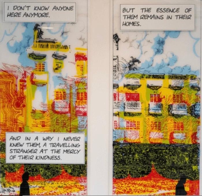 Two panels from the mural. It is a collage of brightly colored paint and text.