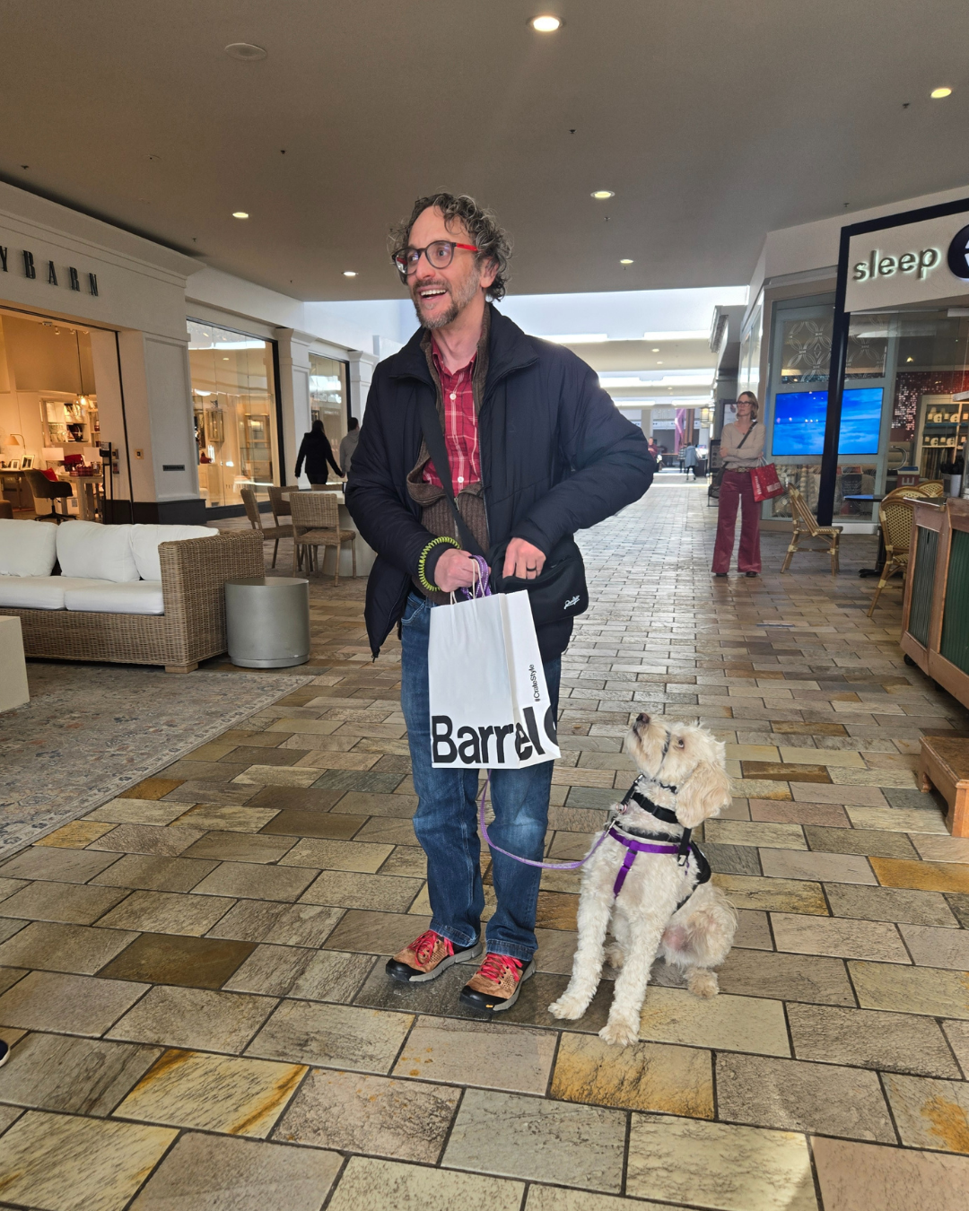 Client Matt smiles holding a  shopping bag. His hearing dog Eddie looks up at him. Eddie is a cream Cobberdog. 
