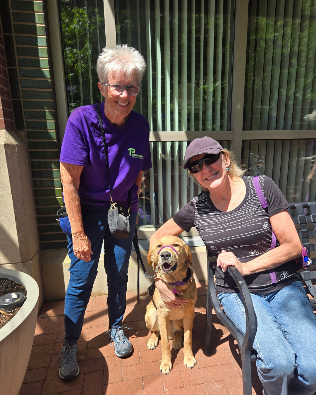 Two volunteers are next to a golden/lab named Granby. 