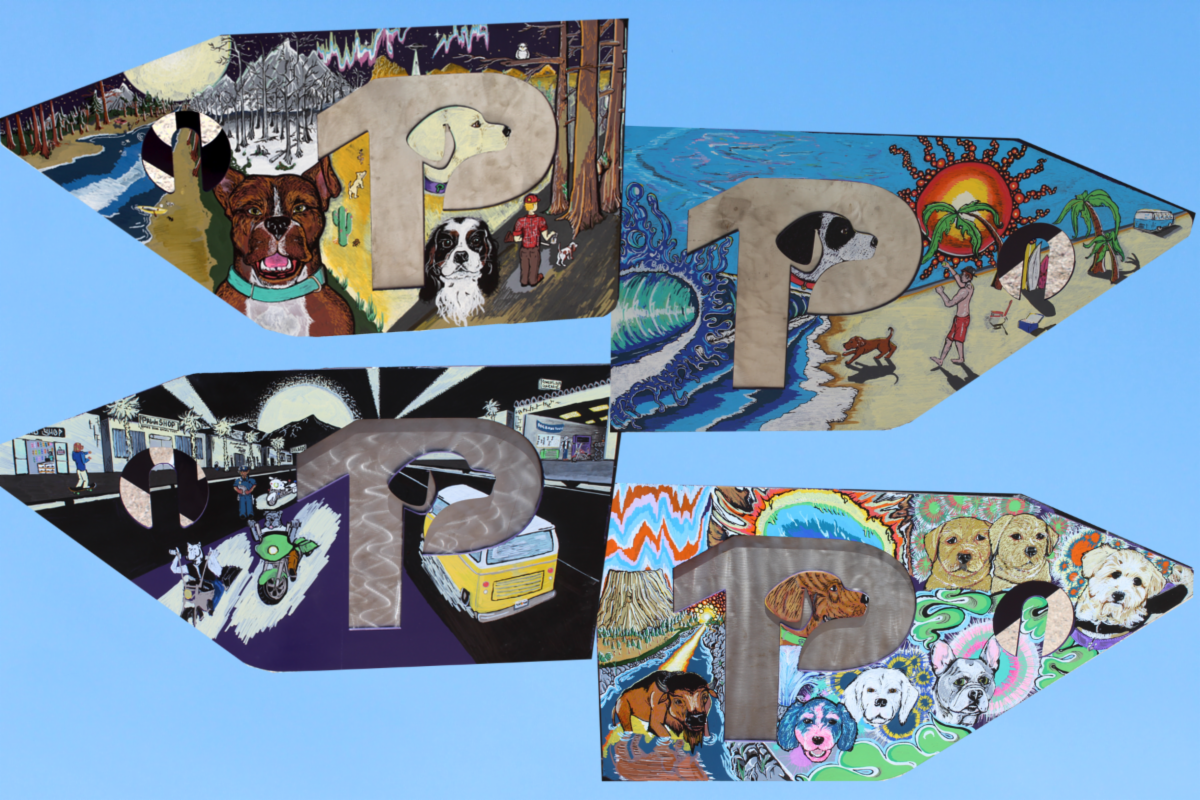 Four stunning pieces of partwork contain a P and are surrounded by drawings of dogs.