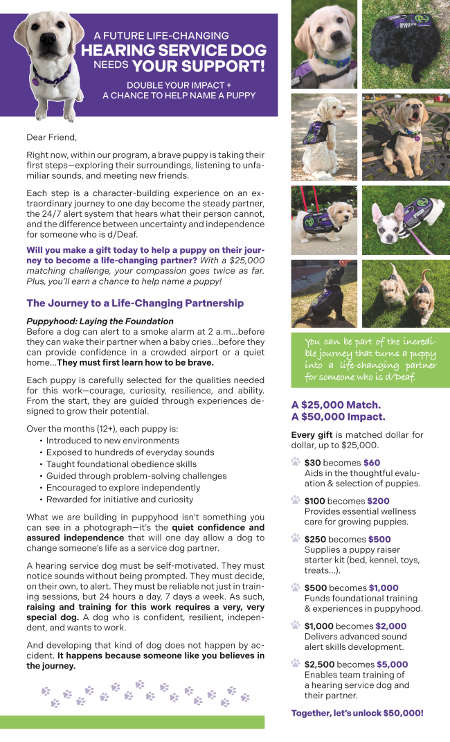 Flyer describes the path of a puppy to service dog and Paragon's donation match program until July. For each donation the amount will be matched. 