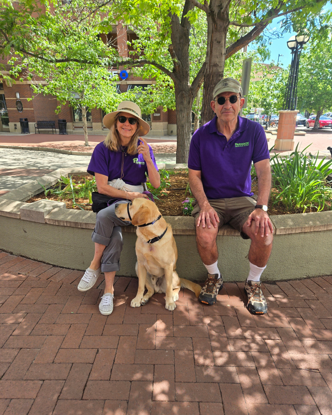 Two volunteers in purple shirts sit smiling next to Fortune a yellow lab.