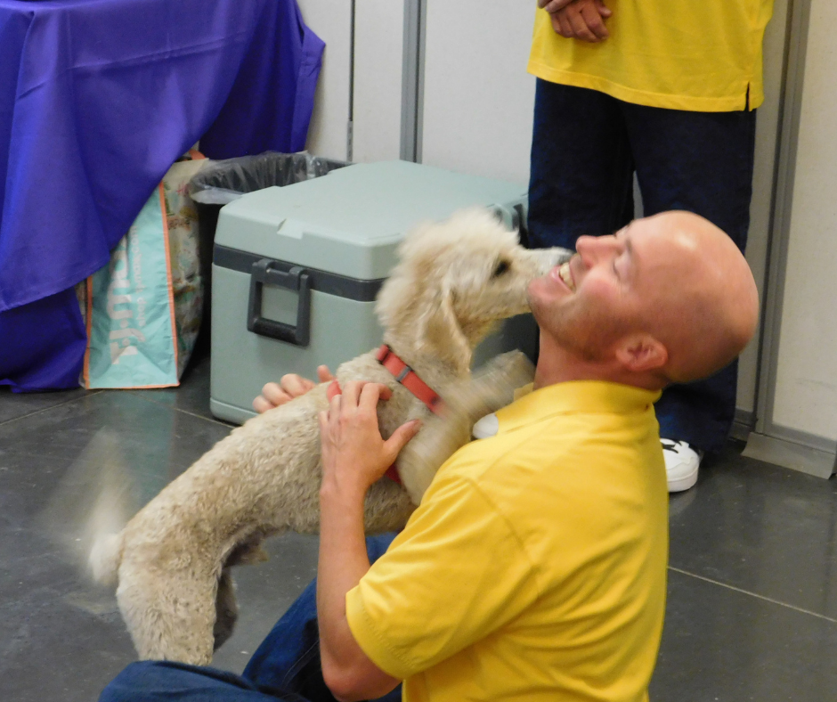 Astro, a cream colored doodle licks Russells face enthusiastically. 