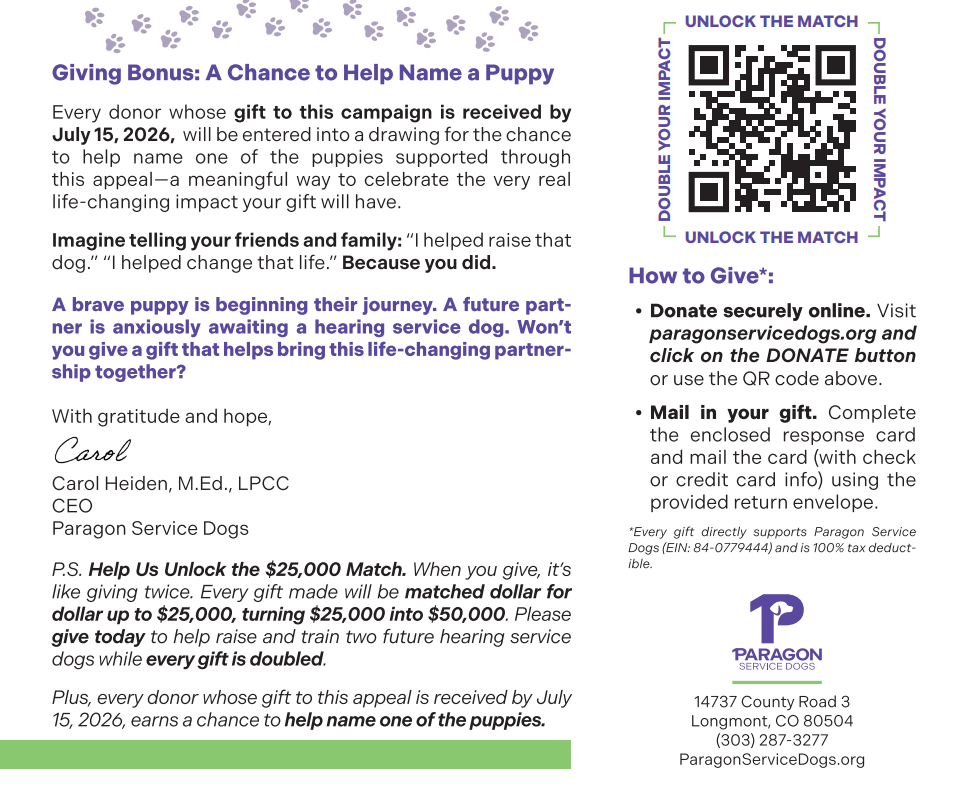 This flyer explains that all donations between now and July 15, 2026 will be entered to a raffle to name a puppy. 