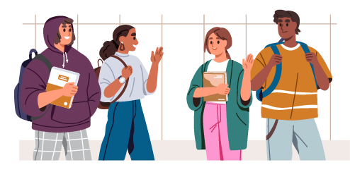 Friends talking in the hall of a school