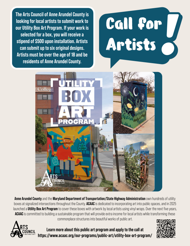 The Arts Council of Anne Arundel county is looking for local artists to submit work to our Utility Box Art Program. Click here to learn more.
