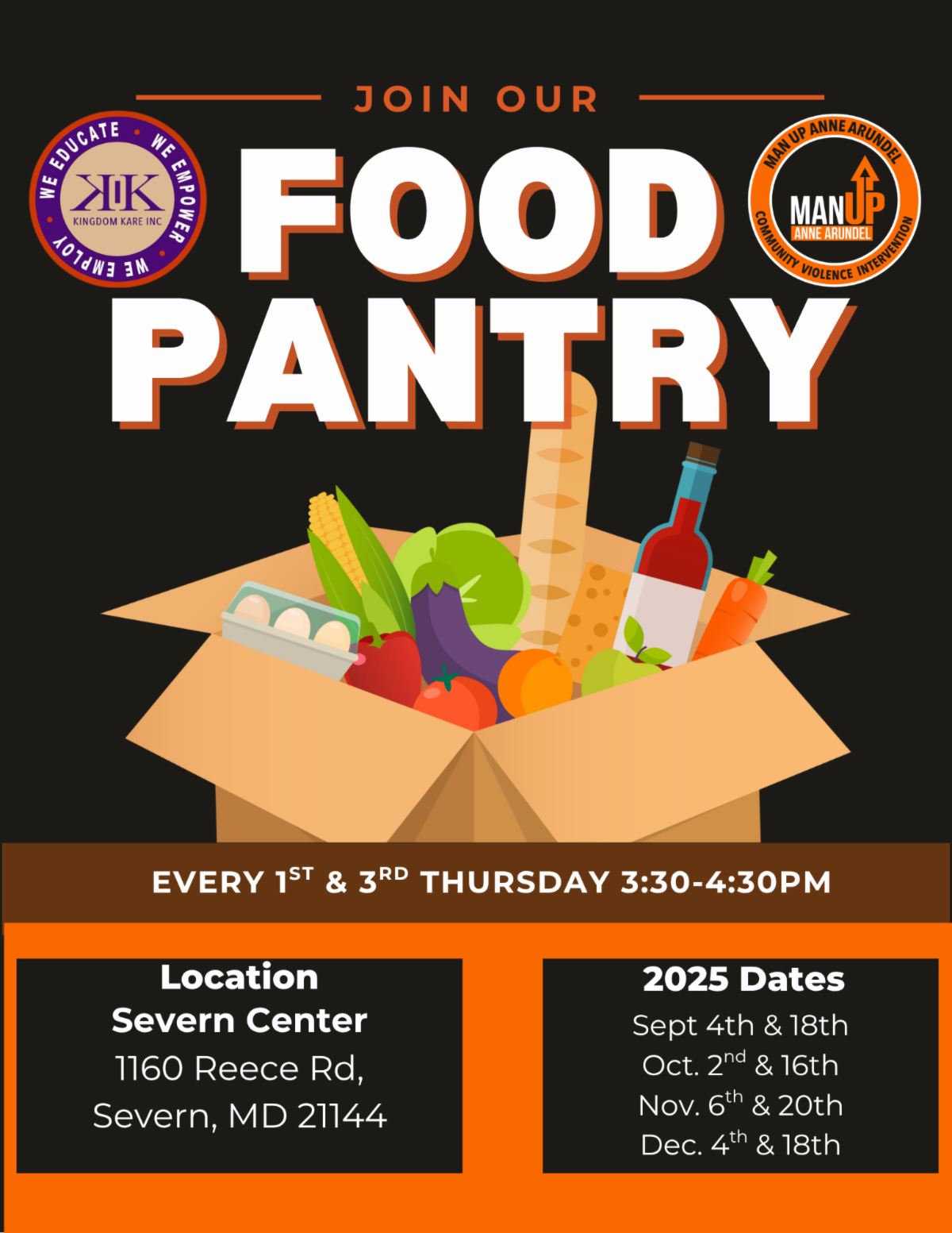 Kingdom Kare is hosting a food pantry at the severn center on reece road in severn every first and third thursday from 330 to 430. For more information please call Dr. Barbara Palmer at 4106722006.