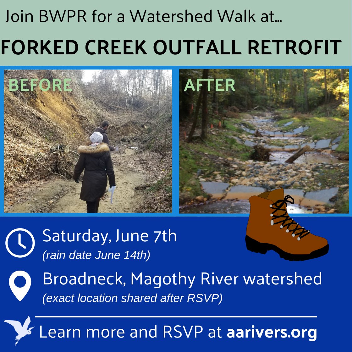 Join BWPR for our third Watershed Walk of 2025 on Saturday, June 7th (rain date Saturday, June 14th) - this time in the Magothy River watershed! This tour will showcase the Forked Creek Outfall Retrofit in Broadneck. Celebrate Chesapeake Bay Awareness Week by exploring your local waterways and learning about how local dollars are reinvested into sustainable solutions for the Bay! The maximum group size is 20 people, so reserve your spot now! If you miss this tour, then have no fear - follow @aawatershedbureau on Facebook and Instagram, along with the County Events calendar, and stay tuned for more "Watershed Walks" coming soon. Click here to register.