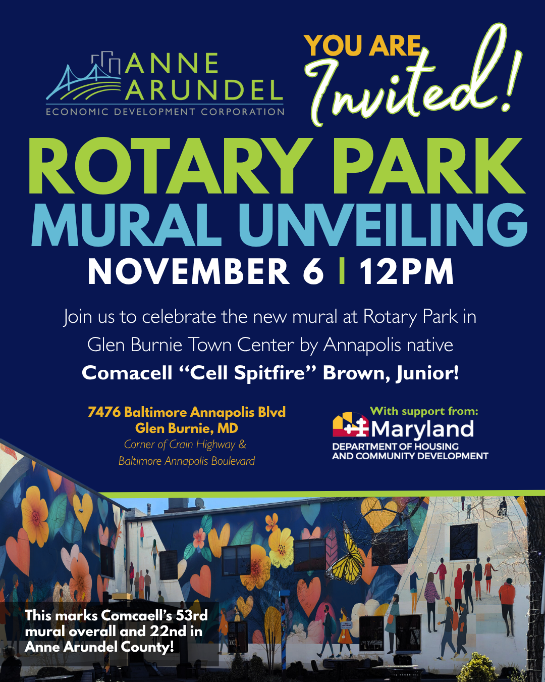 A Flyer for the Rotary Park Mural Unveiling held on November 6th at 12 pm at 7476 Baltimore Annapolis Blvd in Glen Burnie Maryland
