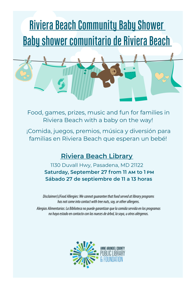 The Library and social services are hosting a Community baby shower on september 27th at 11AM at the riviera beach library in Pasadena. Click here or call 4102226285 to learn more or register.