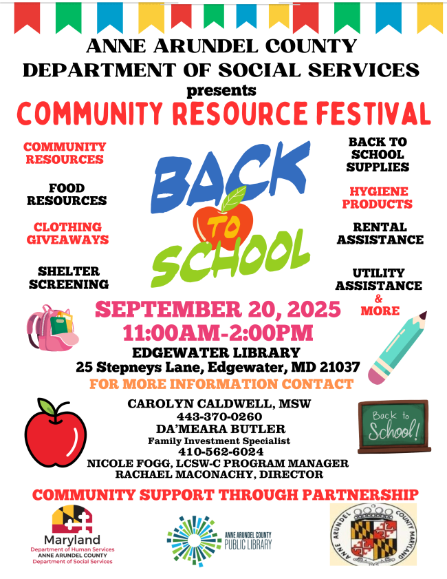 Social Services is hosting a south county back to school festival and resource fair at the edgewater library from 11 to 2 on september 20th.