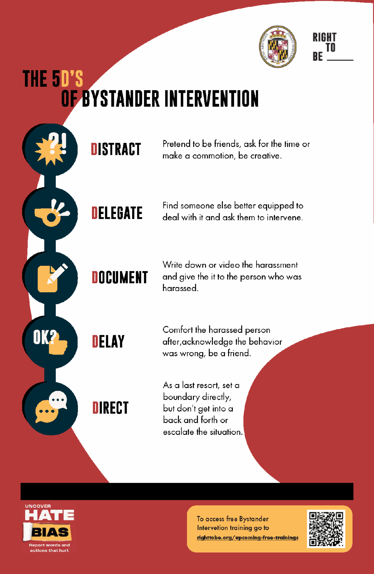 During the month of October the Anne Arundel County Hate Crimes Prevention Program team under the Office of Equity and Human Rights is cosponsoring free virtual bystander intervention training opportunities. Click here to learn more.