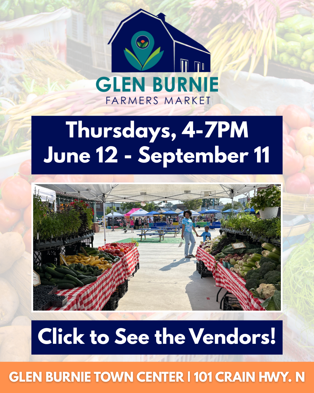 Taking place on Thursdays from 4:00-7:00PM at the Glen Burnie Town Center, the Glen Burnie Farmers Market features a wide array of vendors offering farm-fresh produce, baked goods, beverages, arts and crafts, and unique gifts; a different pair of food trucks serving delicious cuisine each week; and live music. All are welcome, so follow the Glen Burnie Farmers Market Facebook page to see each week's vendors and please plan to stop by!