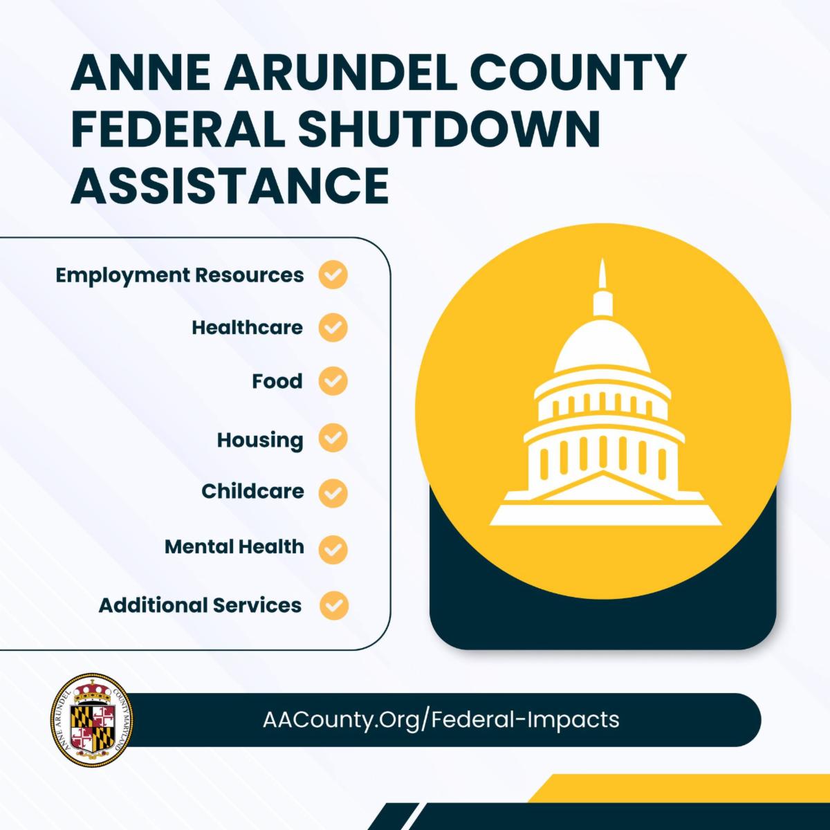 Anne Arundel County has created a webpage of resources for those affected by the Federal Government Shutdown. Click here to learn more.