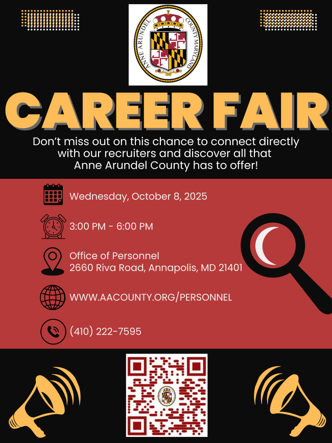 Anne Arundel County will be hosting a career fair at the office of personnel on OCtober 8th. Click to learn more.