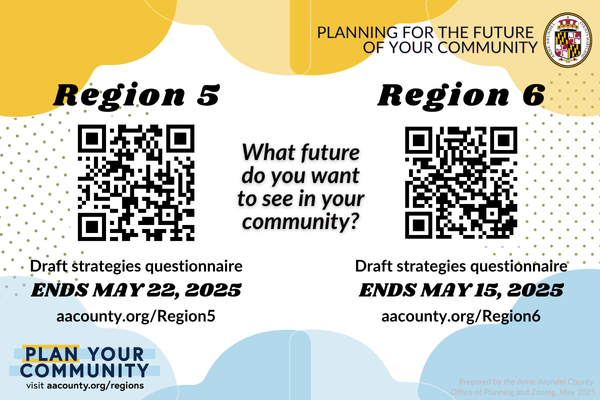 Planning and Zoning is holding two surveys to assist with the community planning process for regions 5 and 6. Scan the QR codes to learn more.