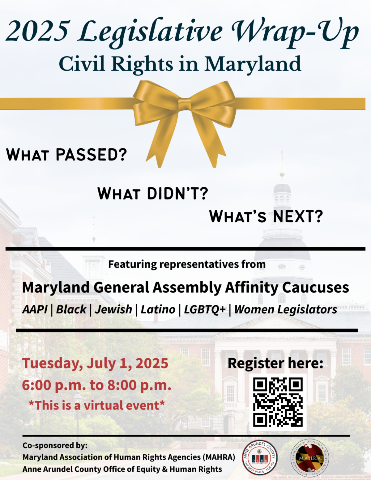 On July 1, the office of equity and human rights will be holding a virtual legislative wrap up to go over the legislation that passed, didn't pass, and what is planned for the future, particularly in regards to equity and human rights. Click here to learn more and register.