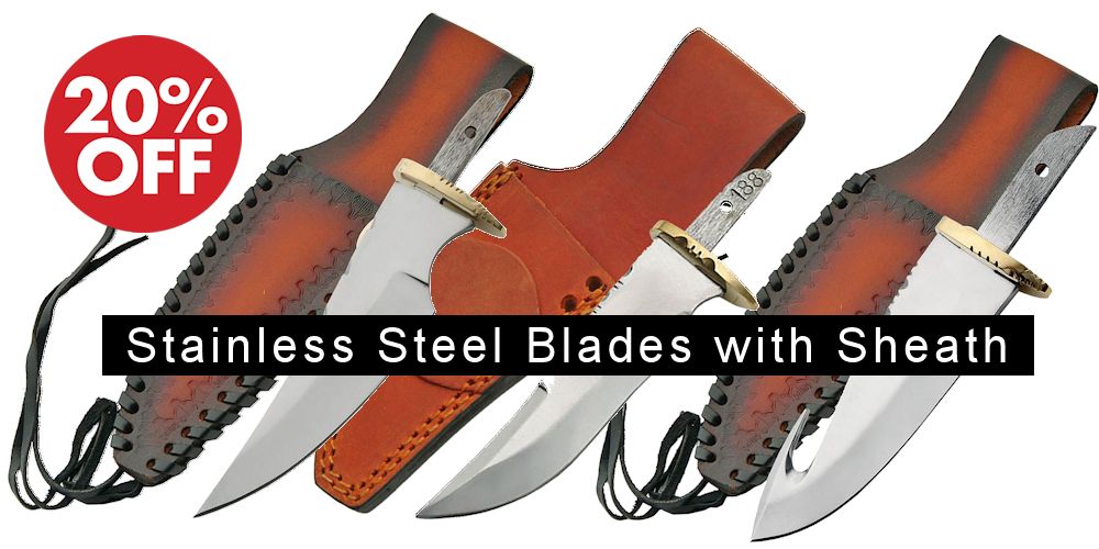 Stainless Steel Blades with Brass Guard and Leather Sheath - Crazy Crow Trading Post