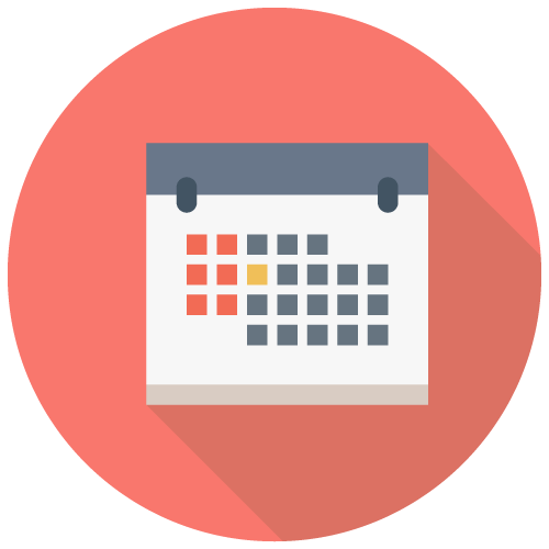 Clip art image of a small, square calendar on a circular, red background.