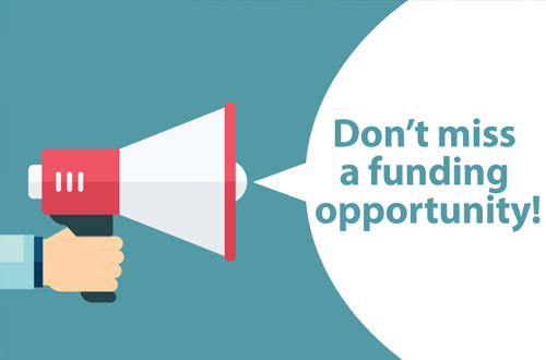 Picture of a hand holding a megaphone, and the words "Don't miss a funding opportunity!" are coming out of the megaphone.