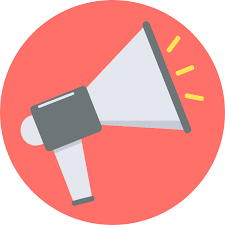 Grey megaphone inside a coral colored circle releasing three yellow dashes meant to represent sound waves