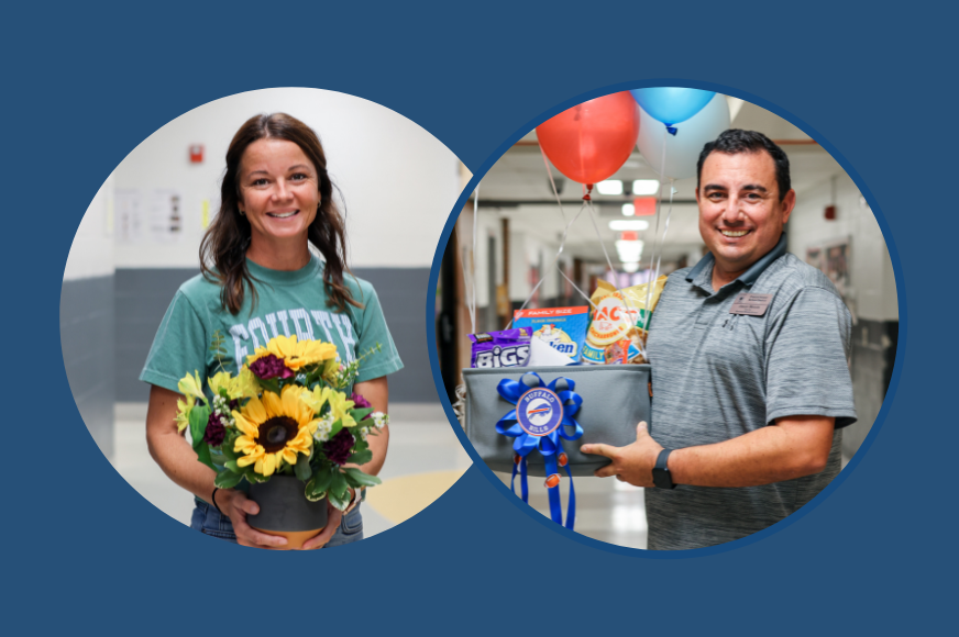 Ellie Koenig and Jason Woods are pictured holding flowers and a gift basket. The two images are in separate circles on a blue backdrop.