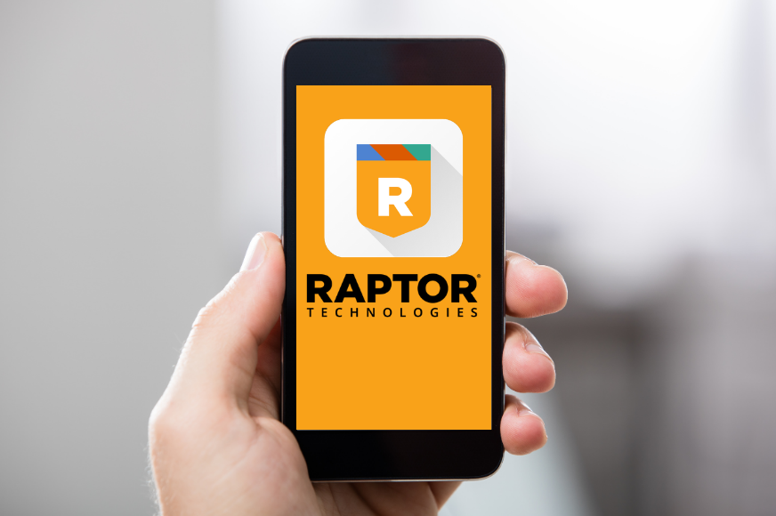 A hand holds up a cell phone with the Raptor Safe and Raptor Technologies logos on the screen