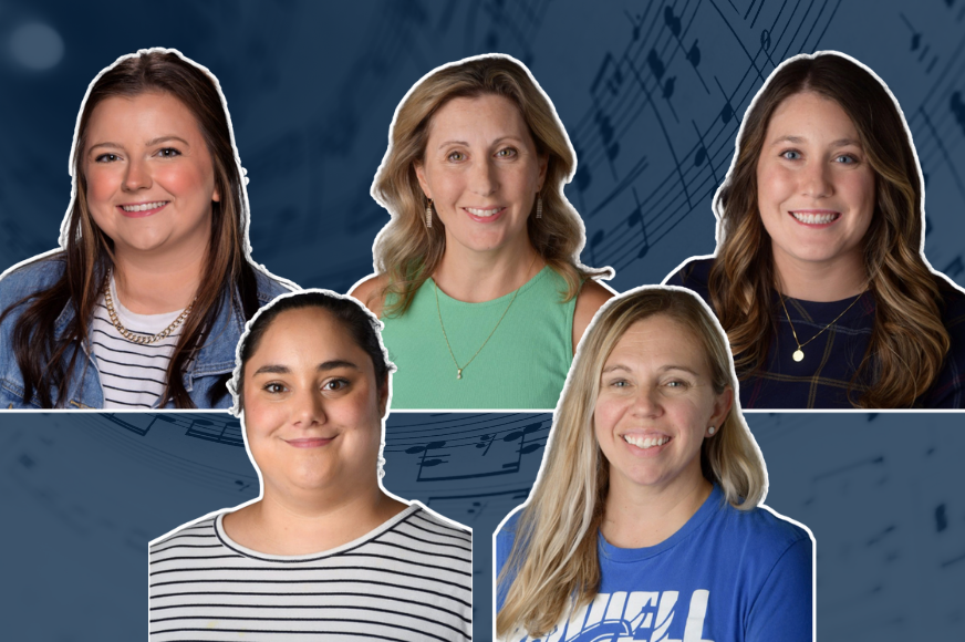 Headshots of FHSD music educators Pamela Cajka, Whitney Cairns, Sarah Dobson, Rebekah Anthonis, Olivia Howard in front of a sheet music background
