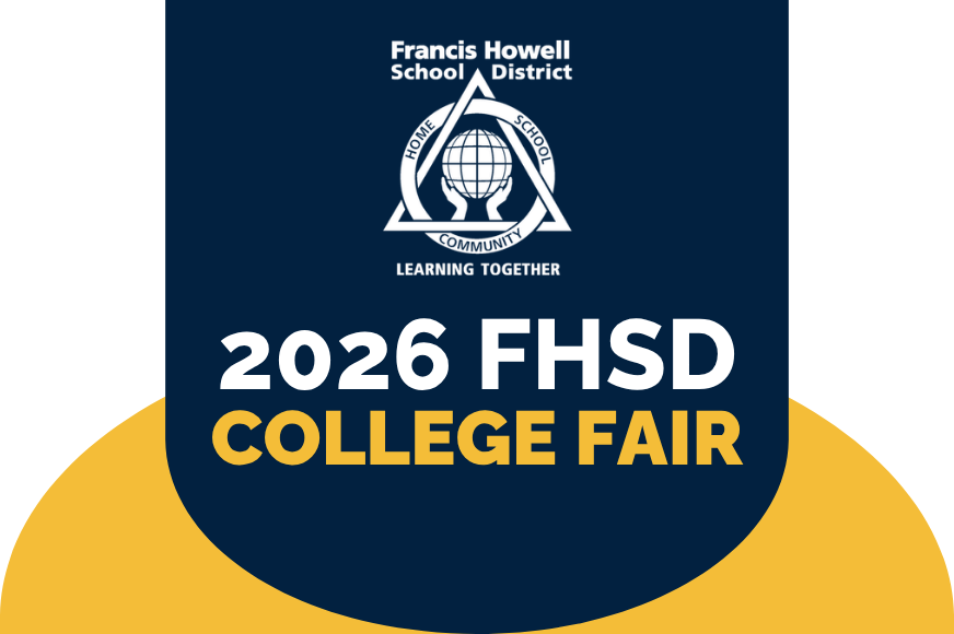 "2026 FHSD College Fair" Blue and yellow shapes overlap with the FHSD logo at the top