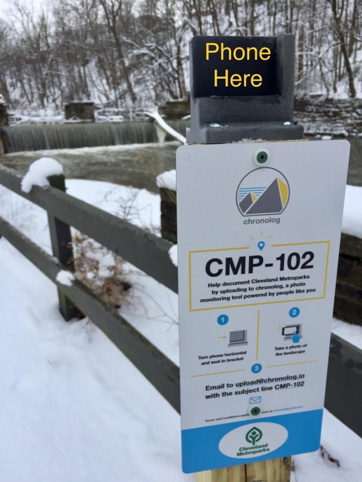 Chronolog station at Bonnie Park in the winter with snow on the ground
