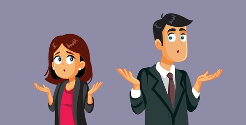  Confused Businessman and Businesswoman Feeling Puzzled Vector Illustration. Funny business team shrugging having difficulties to solve a problem 