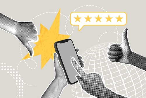 Modern halftone collage. Quality concept_ reviews_ rating_ discussion. Phone with five star rating. Hands with thumbs up and thumbs down gestures.Modern business collage for design