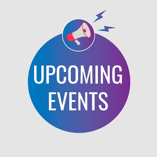 upcoming events button_ banner_ label_ template for website. upcoming events text with colorful megaphone icon 