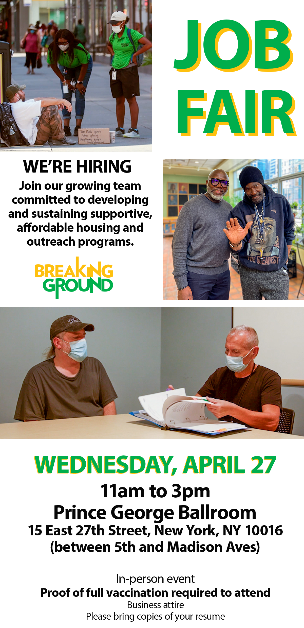 A graphic to advertise a Breaking Ground Job Fair that includes photos of outreach workers with a person experiencing homelessness an assistant director with a tenant and a case manager with a transitional housing client 