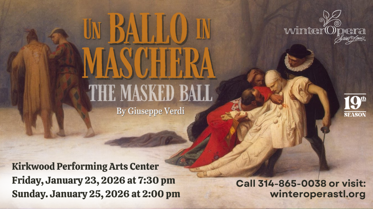 Promotional image for Un Ballo in Maschera The Masked Ball by Giuseppe Verdi presented by Winter Opera St Louis. The artwork shows a dramatic classical painting of masked figures in period costumes with one person collapsing as others gather around. Text lists performances at the Kirkwood Performing Arts Center on Friday January 23 2026 at 7 30 pm and Sunday January 25 2026 at 2 00 pm.
