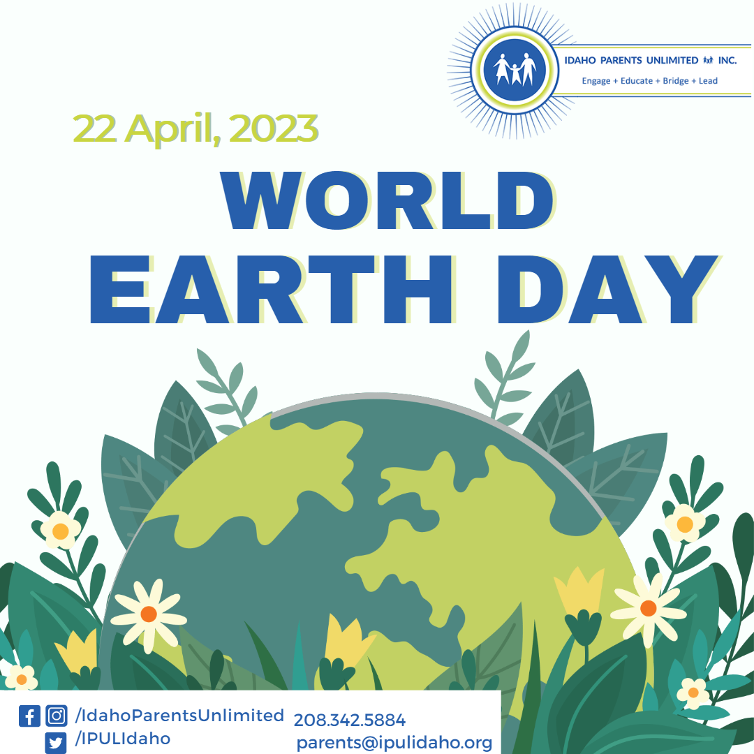 world earth day flyer showing a planet surrounded by greenery