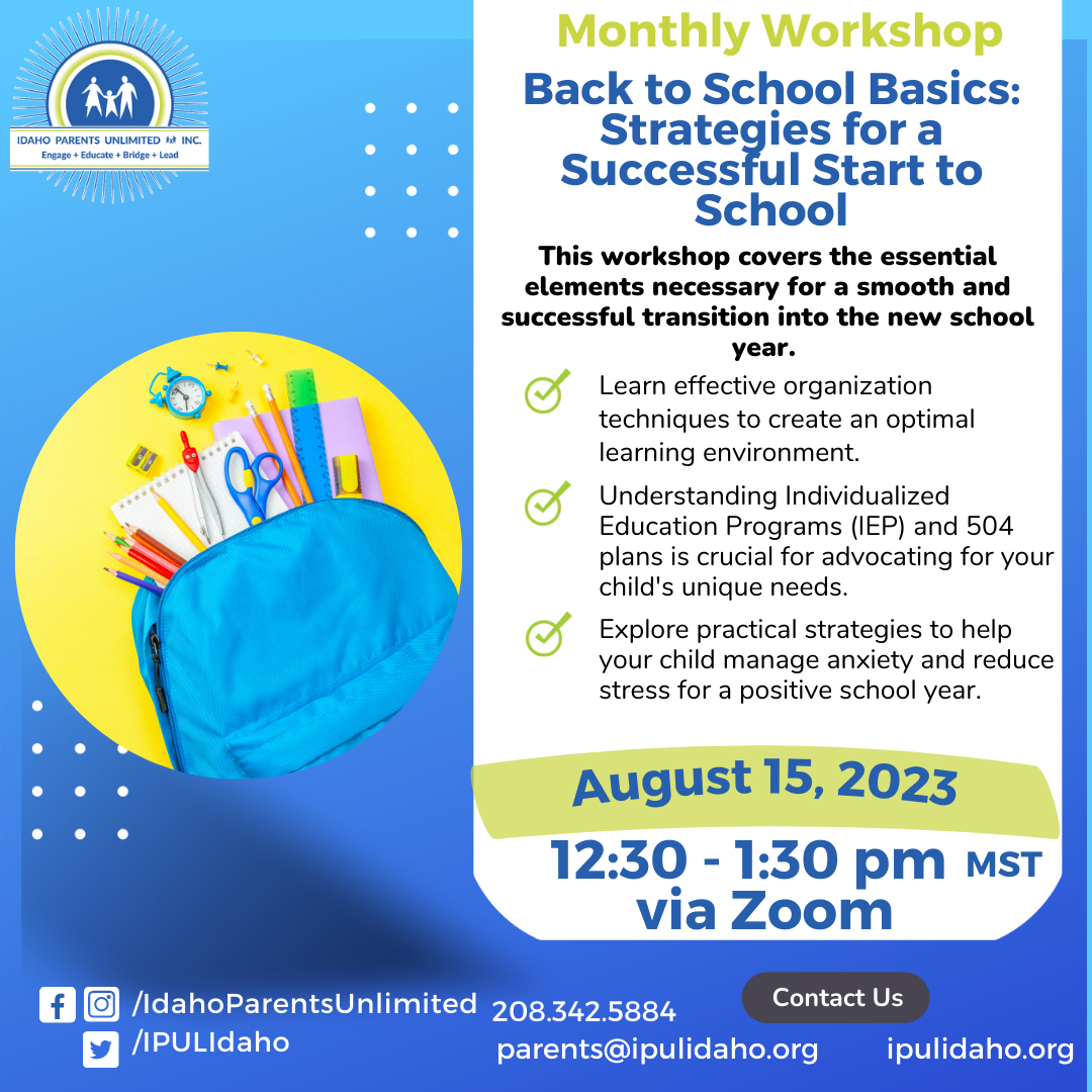 blue background a backpack with school supplies in a yellow circle text to the right